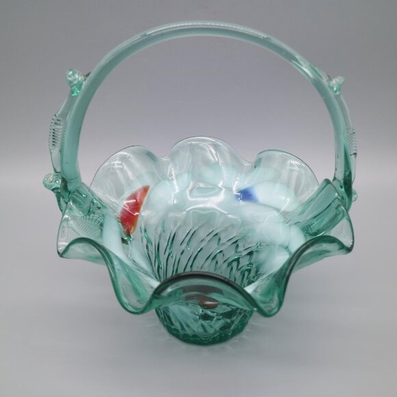 Vintage Hand Blown Art Glass Basket Large Blown Glass Decor Red White Spotted 8" - Picture 6 of 8